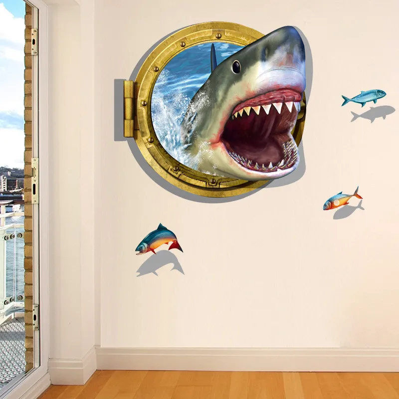 3D Tiburón ojo de buey Vistas Extraíble etiqueta Engomada de la Pared del PVC del Mural de la Calcomanía de Niños Decoración para el Hogar en Kindergarten Dormitorio Sofá de la Pared Calcomanías IC880679 0