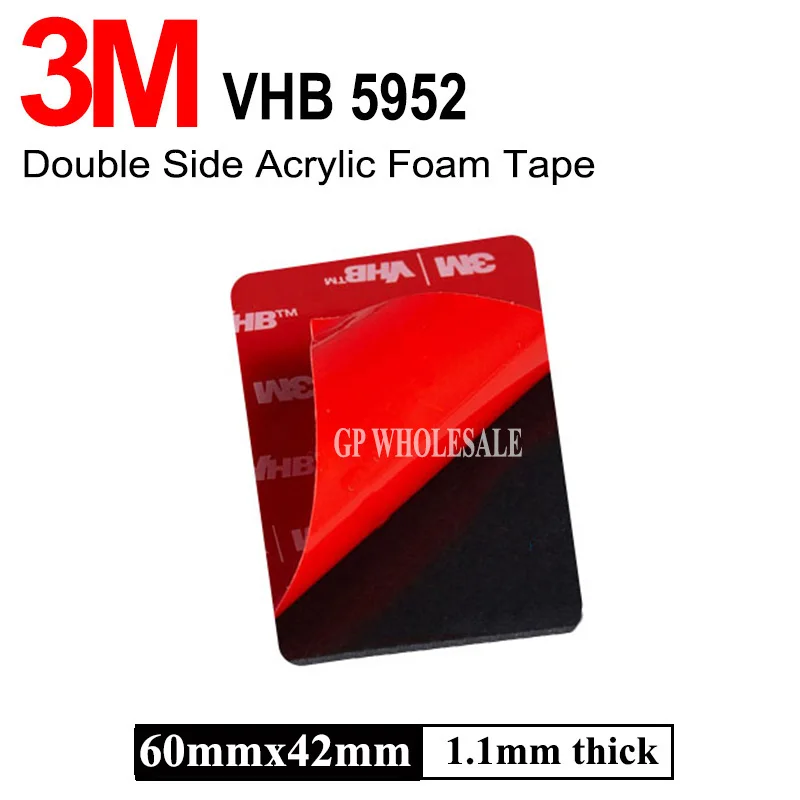 3M 5952 Adhesiva de Doble Faz 1.1 mmx 60mmx42mm de Alto Rendimiento al aire libre Interiores Negros VHB de Cinta Impermeable de la cinta de Espuma Acrílica 0