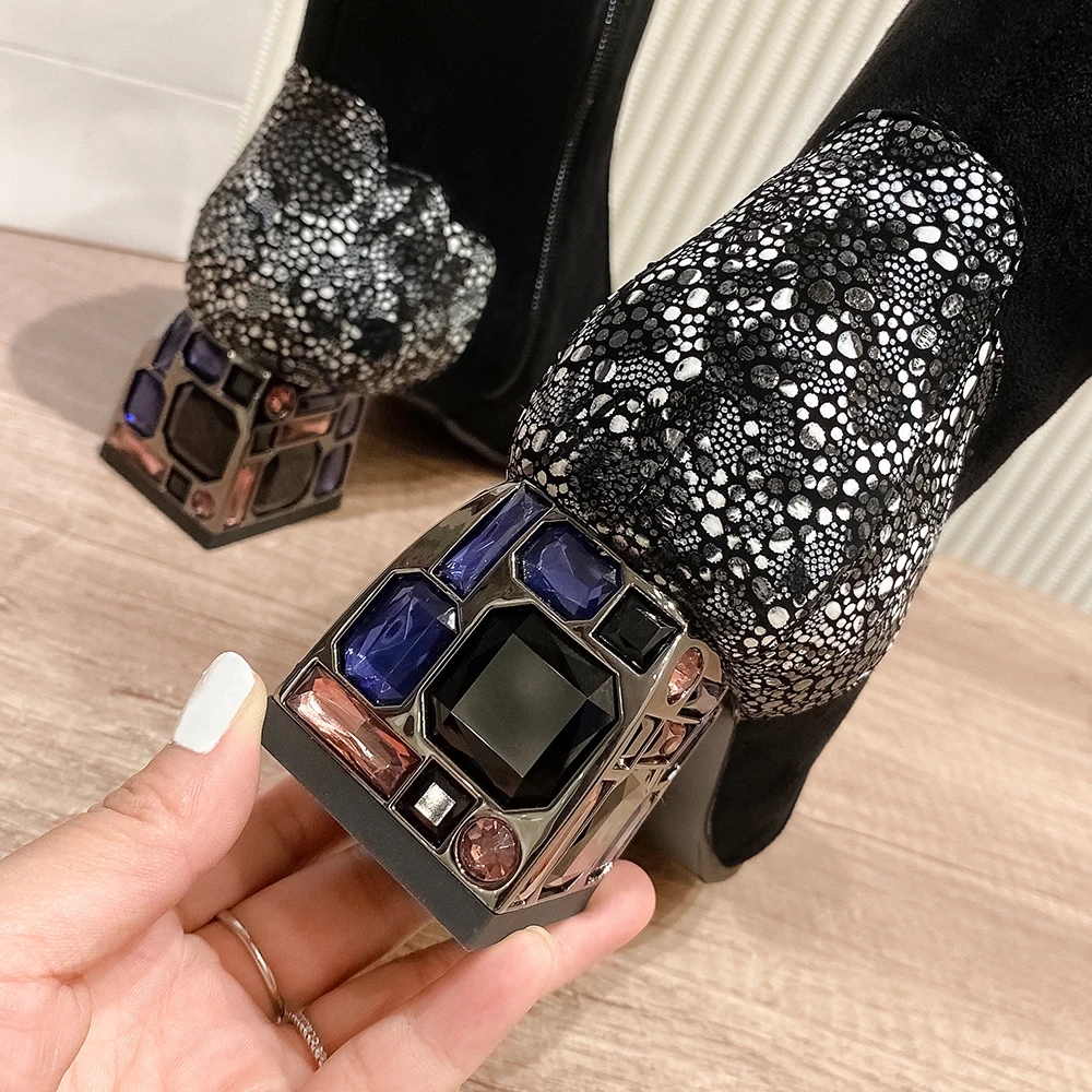 Kickway de Cristal de tacón botines para mujer de imitación de gamuza de piel de la bola de la borla de brillo de la temporada Otoño-invierno zapatos de las mujeres negro de tobillo botas mujer 0