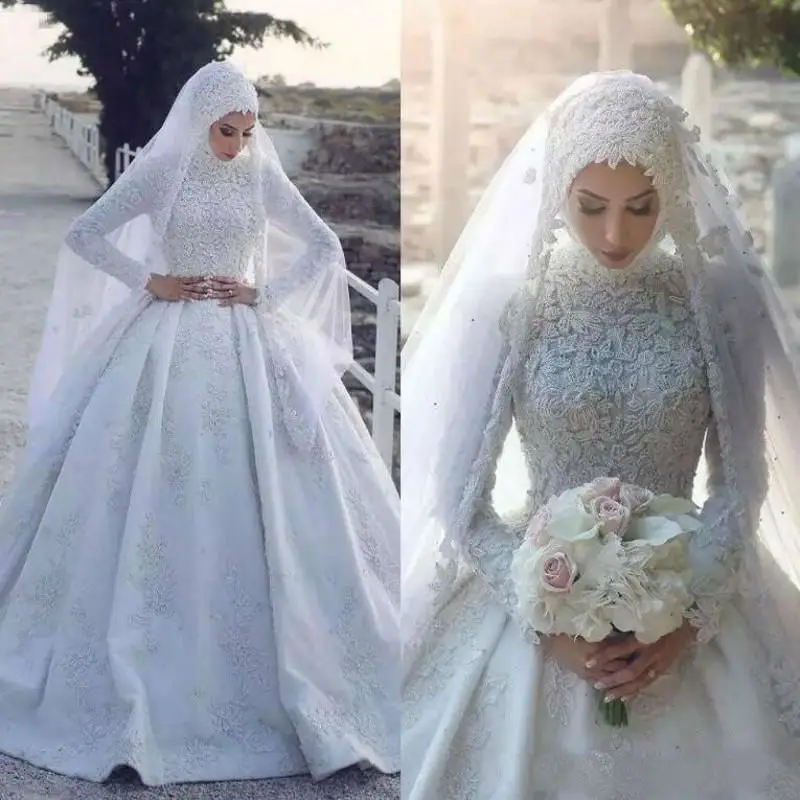 2020 Largo sin Mangas Musulmán Vestido de Novia con el hiyab Colorido de Encaje Apliques de Barrido Tren Vestidos de Novia Vestido De Novia 0