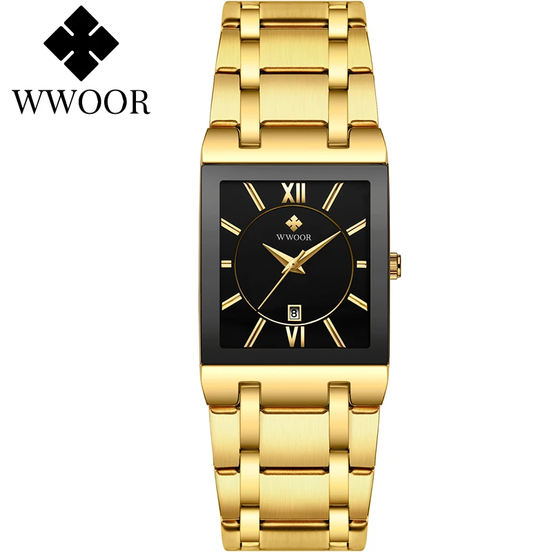 Dropshipping WWOO R8858 los Hombres de los Relojes de la Marca Superior de Lujo de Oro Cuadrado Negro Reloj de los Hombres de Cuarzo Impermeable Reloj de Pulsera de Relogio Masculino 0