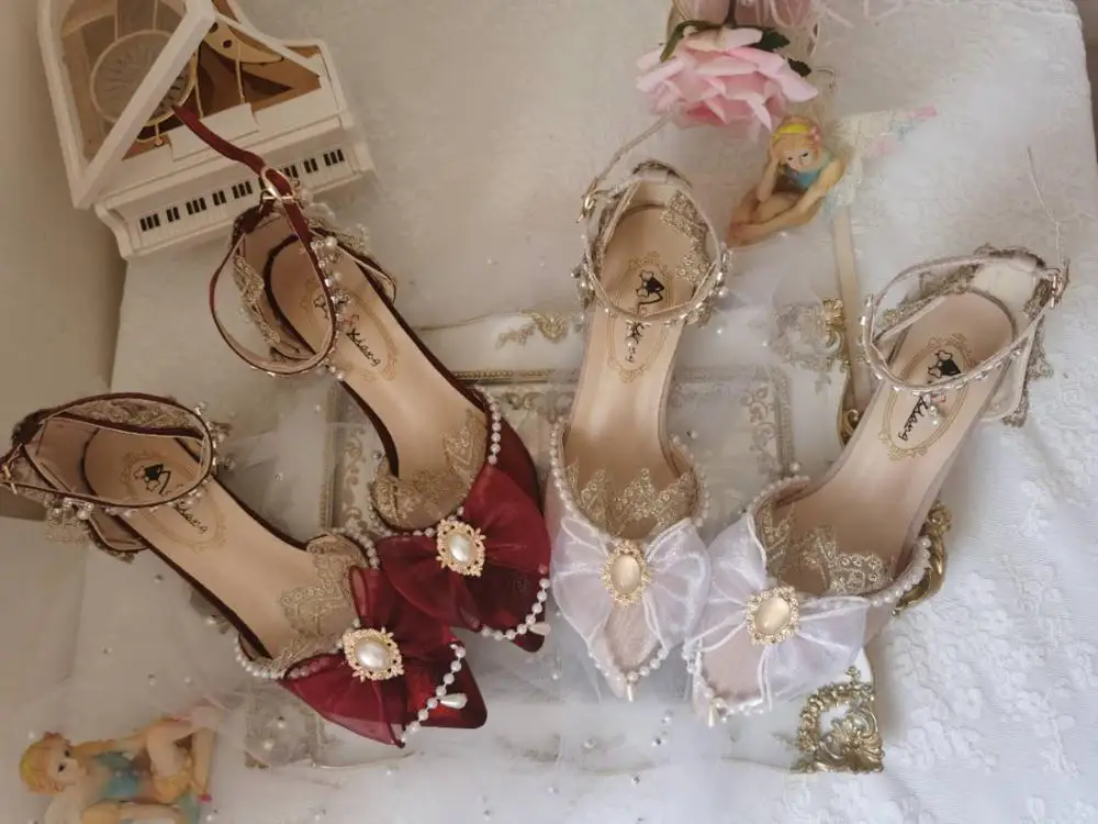 Lolita de la vendimia francesa palacio magnífico de la fiesta de té de tacón de 5-8cm kawaii girl princesa kawaii zapatos de punta retro encaje bowknot cos 0