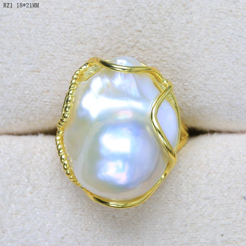 BaroqueOnly de alto brillo blanco perla barroca anillos ajustables naturales, grandes perlas hechas a mano de la joyería 925 de plata esterlina RZ 0