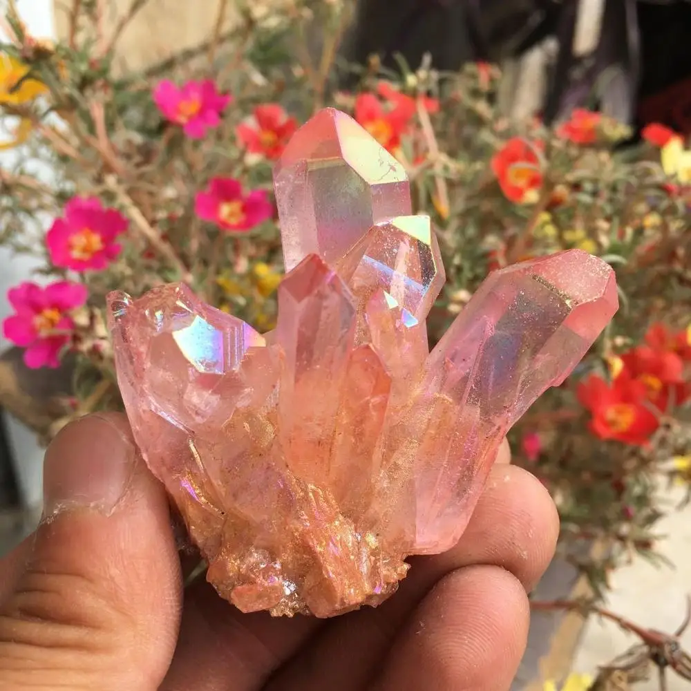 Rara hermosa rosa llama aura de cristal de cuarzo de clúster muestra 60-70 0