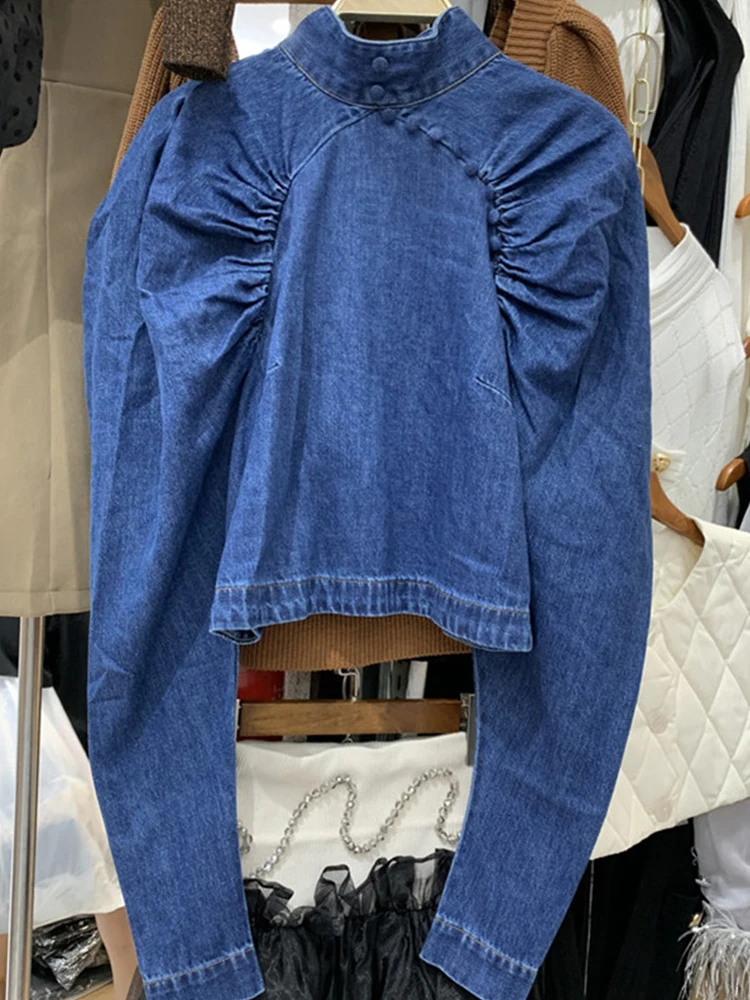 Envío gratis pesados de artesanía de las mujeres del dril de algodón de la moda plisada corta camisa de 2020New damas de otoño de manga larga de atrás de la cremallera de la parte superior de la camisa XL 0