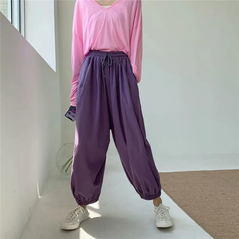 La mujer Elástica de Cintura Alta Corredores de rosa Púrpura del Harem de los Pantalones Femeninos Sólido Más el Tamaño de los Pantalones Sueltos Harajuku Deportivos de Streetwear 0