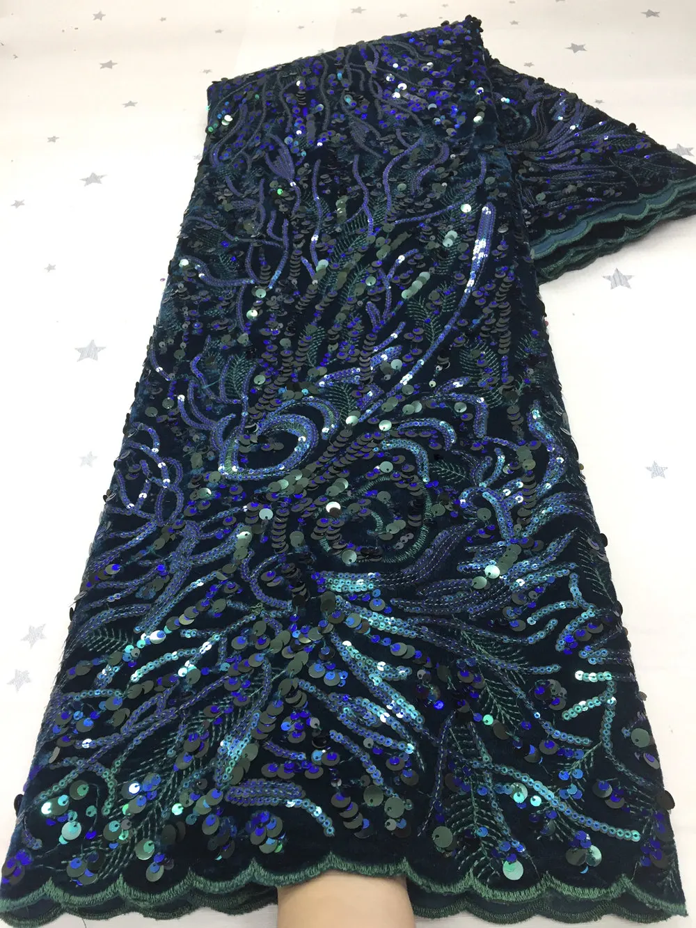2020 el Último Diseño de Terciopelo Azul de la Tela de Encaje de Alta Calidad de Encaje francés Con Lentejuelas de tela Para el Vestido de Fiesta 0