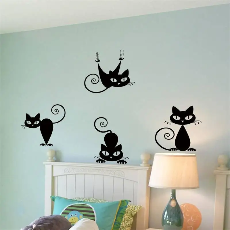 Lindo pegatinas de pared de 4 gatos colgar en la pared de la habitación de los niños pegatinas de pared de la sala de juego para la sala de estar parte de la decoración Mural de arte 0
