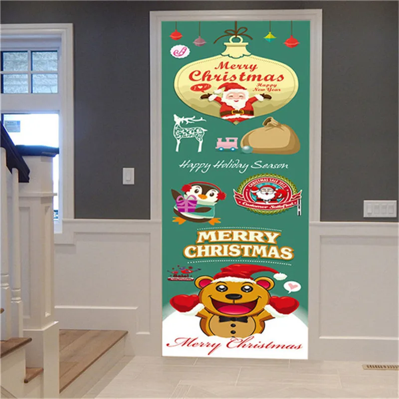 Navidad Árbol de la Puerta del PVC Pegatinas de Pelar y pegar papel Tapiz de las Puertas 3D Impermeable de Diseño para el Hogar Decoración de Santa Claus Mural de Calcas Para la Habitación de los Niños 0