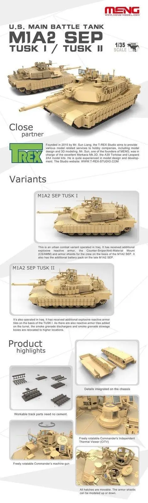 Meng Modelo 1/35 TS-026 estados UNIDOS Principal Tanque de Batalla M1A2 SEP Abrams Tusk I/II Tusk 0