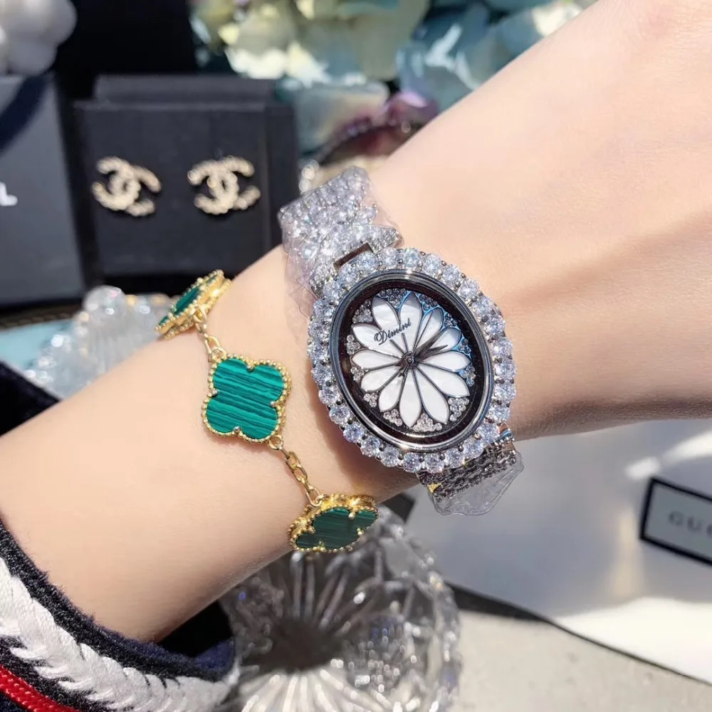Delicado de Lujo Brillante Rhienstones Joyas Relojes para las Mujeres de Moda Elegante Oval Pulsera de Reloj de Cuarzo reloj de Pulsera Lotus Flower 0