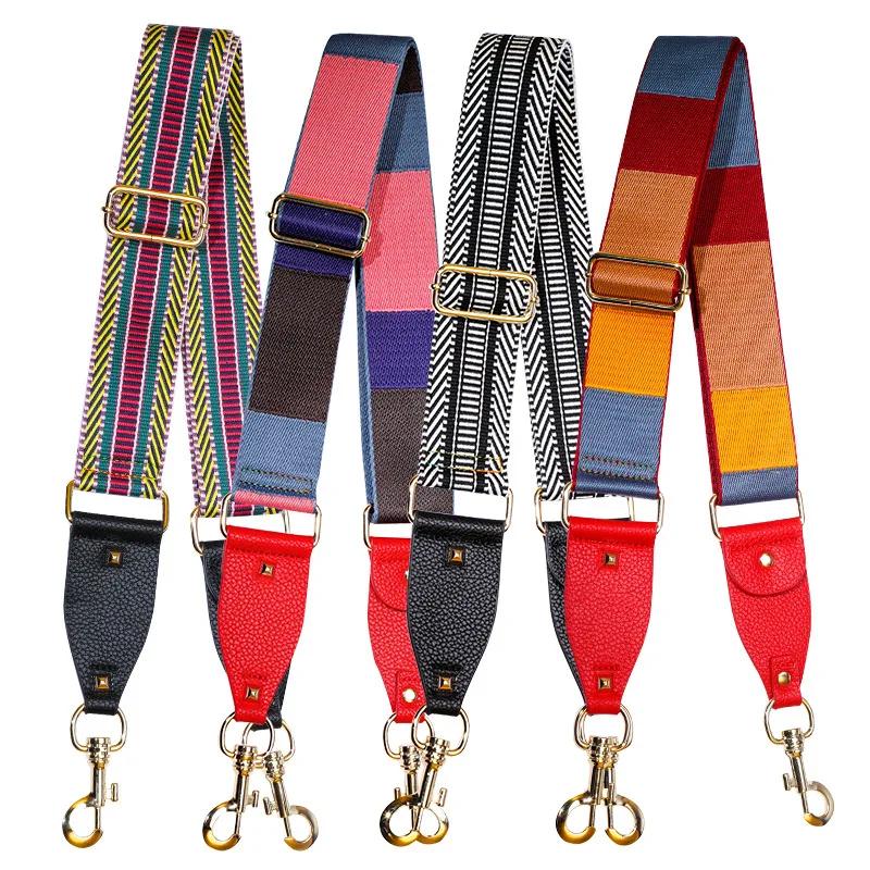 2019 Nueva Moda Coloridos Bolsos de mano de Asas de Rayas Cinturones de Lona de las Mujeres Bolsas de Correa de Accesorios de Cuero Remache icono Partes KZ151365 0