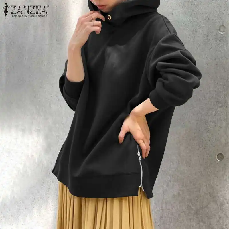 La moda Sudaderas con Capucha de las Mujeres del Otoño Sudaderas ZANZEA 2021 Casual de Manga Larga de fractura del Lado Pullovers Femenino Sólido Tops Traksuit 0