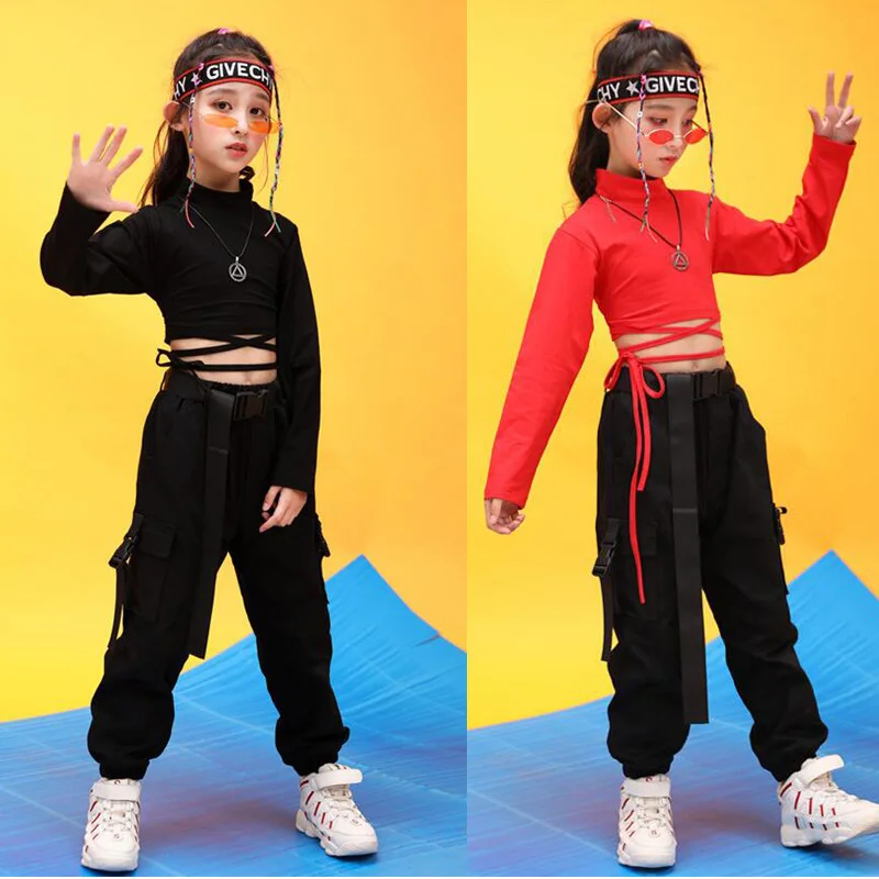 Los niños de Hip Hop Ropa Sudadera Camisa de color Negro la parte Superior de los Cultivos Pantalones Casuales para Niña de Danza Jazz Traje de baile de Salón de Baile Ropa de Desgaste 0