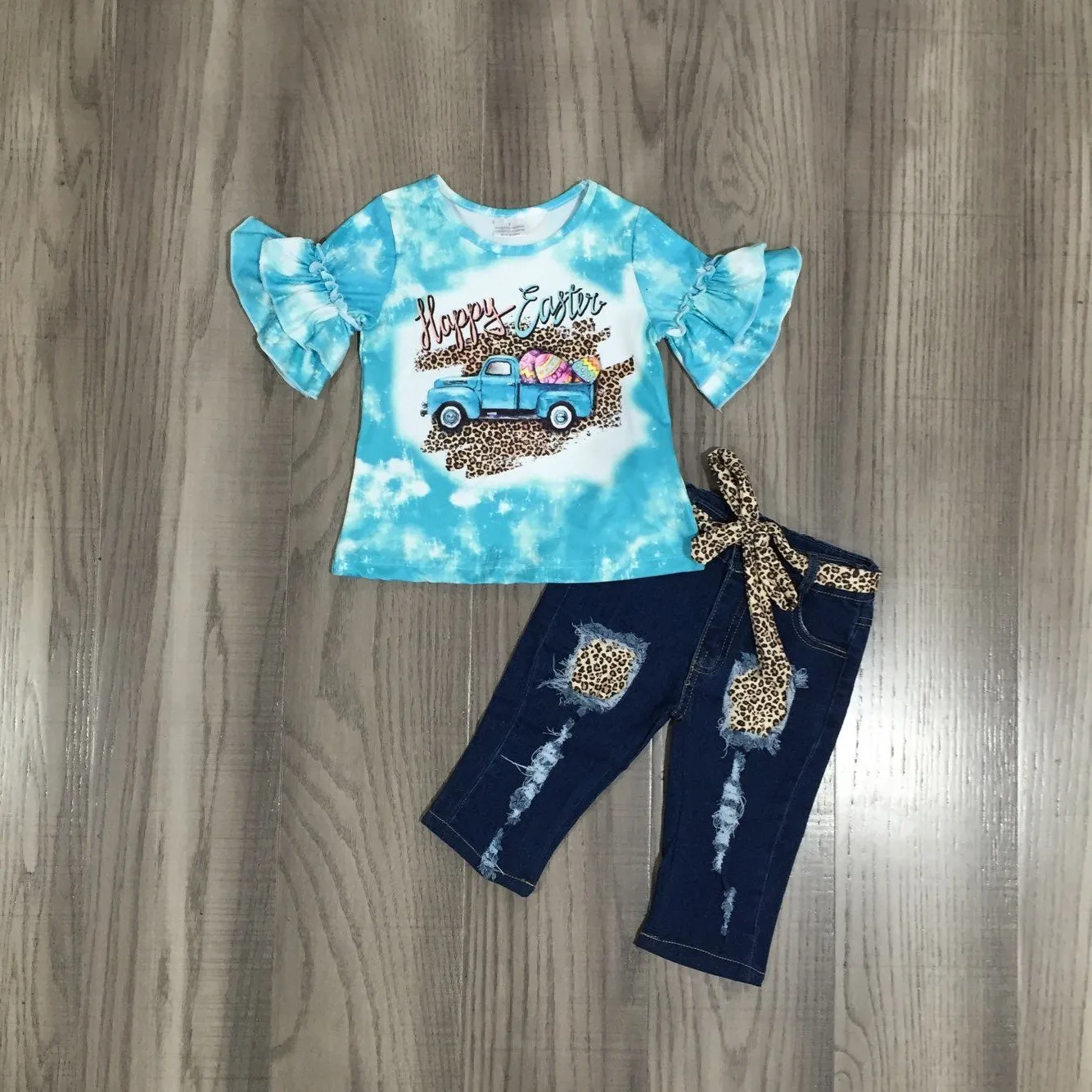 La Primavera De Las Niñas De Bebé De Huevo De Pascua Camión Tie Dye Camisa Azul De Capri Jeans Traje 0