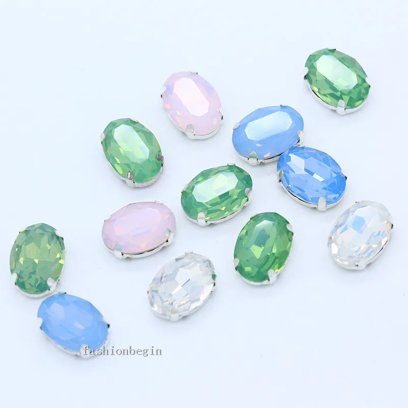 12p 8x10/10x14/13x18mm oval blanco/verde/azul/rosa opal de coser en vaso de cristal joyas de diamantes de imitación de plata de la garra de Vestir fabricación de perlas 0