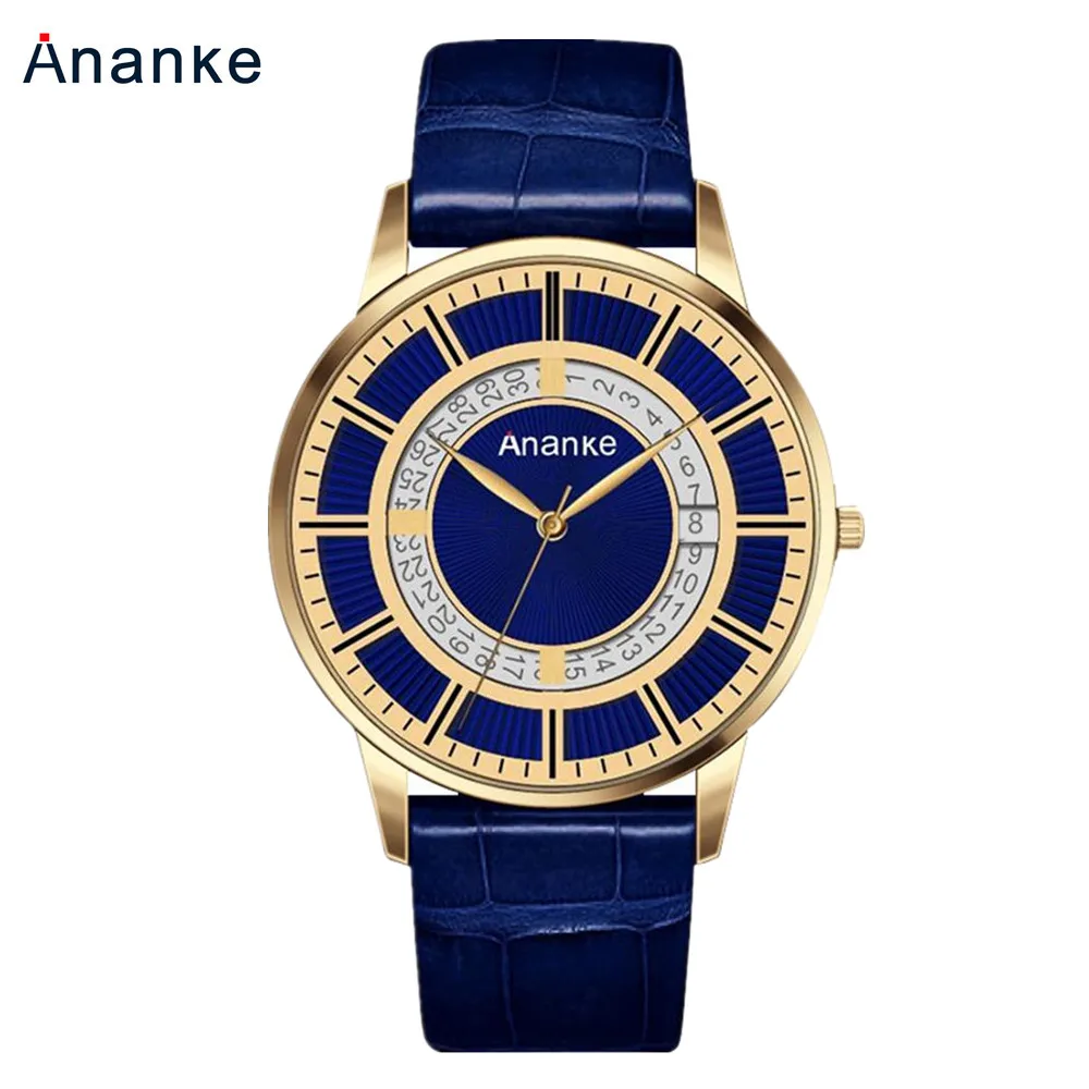 ANANKÉ Reloj de los Hombres de Moda Casual de Oro Correa de Cuero Azul Calendario Impermeable Masculino Relojes Hueco de línea Única parte Superior de la Marca de Lujo de M 0