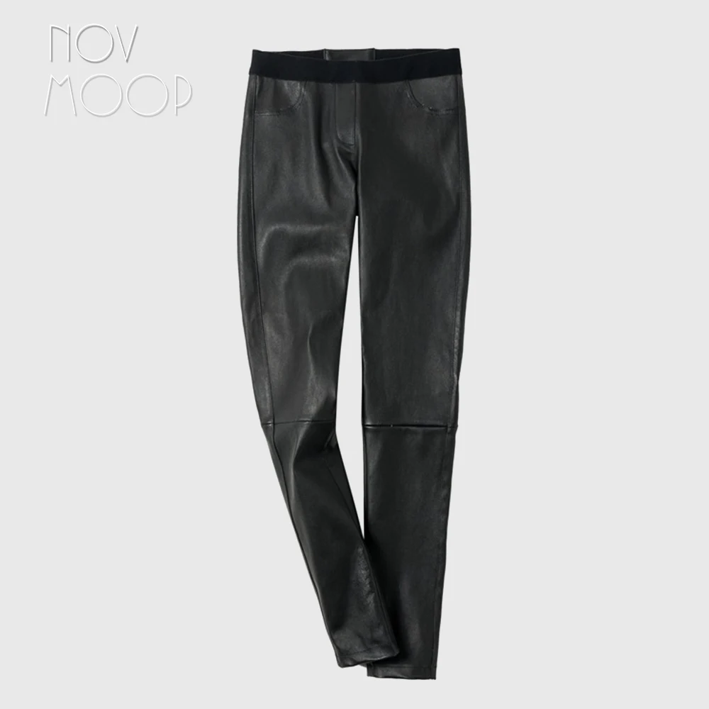 Novmoop de alta calidad importados de estirado de cuero genuino de las mujeres pensil pantalones Pantalon en cuir tramo femme LT3250 0