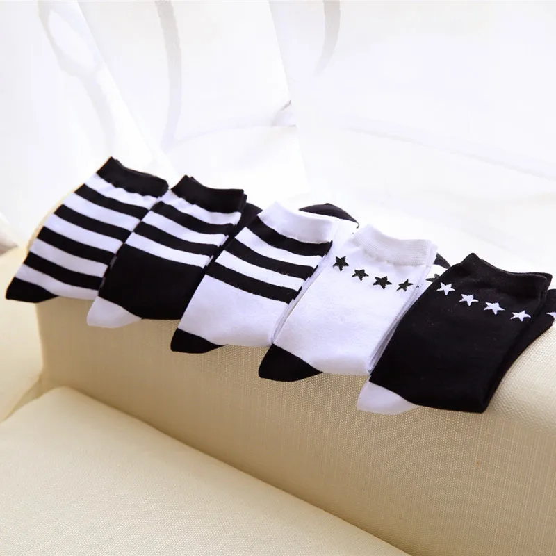 5 Pares Blanco Negro striple Simple Estilo Deportivo Harajuku Calcetines de las Mujeres de Algodón Estrella Calcetines de Tobillo de la Moda Femenina Divertidos Calcetines de Rayas 0
