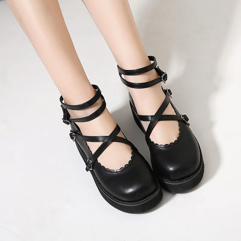 Dulce Japonés Lolita Princesa De Los Zapatos De Vendaje Lindo Moño Bajo El Talón De Cabeza Redonda Negra Plana Zapatos De Plataforma 0