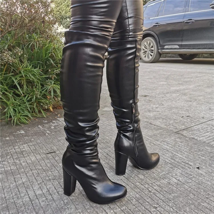 Olomm Nueva Llegada de las Mujeres hechas a Mano de la Rodilla Botas Altas de Plaza de zapatos de Tacón Alto Botas de Puntera Redonda Elegante Vestido Negro Zapatos de las Mujeres NOS de Tamaño de 5 a 15 0