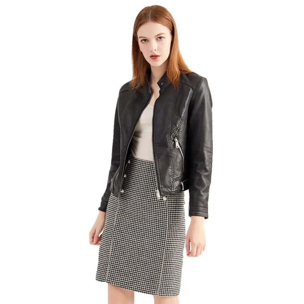 2021 vintage gris mate de cuero de la chaqueta de las mujeres de lana interior de invierno de gamuza de cuello de pie motorista abrigo moda de chica cool 0