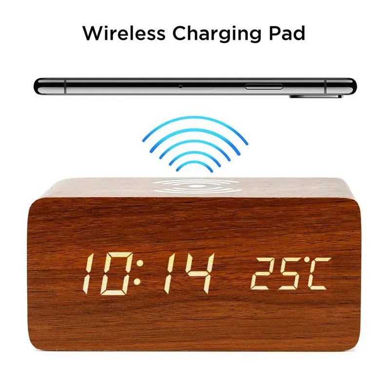 Reloj Despertador Con Qi Wireless Charging Pad Compatible Con Iphone Samsung Madera Led Reloj Digital De Sonido La Función De Control De 0