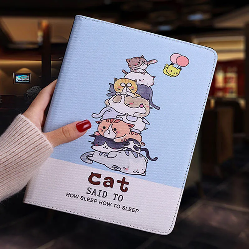 Caso Para el Nuevo ipad 2017 2018 smart Flip cubierta del soporte del cuero de la pu de gato Lindo de dibujos animados ilustración del Caso Para el ipad Aire 1 AIRE 2 Pro 9.7 0