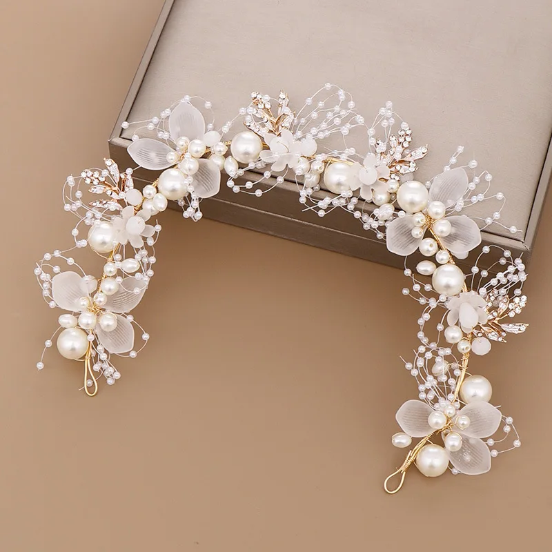 FD001 Nuevo diseño de la perla flloral de novia de la boda de diadema hecha a mano hojas de oro de la diadema de cabello decoración para la novia 0