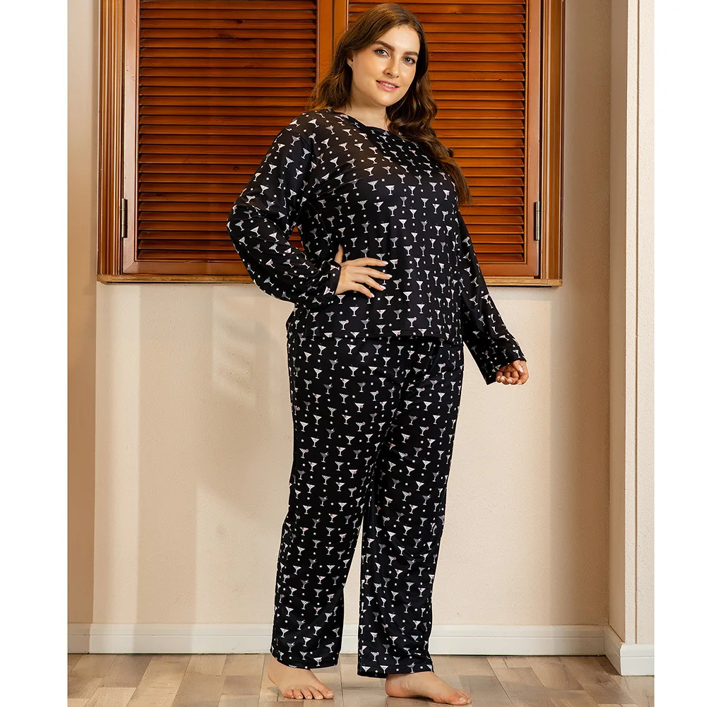 Damas de otoño invierno plus tamaño pijama conjunto de las mujeres de casa de desgaste traje de manga larga de impresión negro T-shirt y pantalones 4XL 5XL 6XL 7XL 0