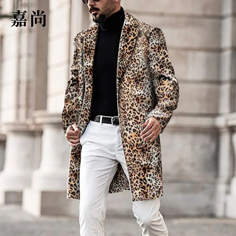 Otoño/Invierno 2020 de la Venta Caliente en Europa y América del Leopardo de Impresión de la mitad de la Longitud de la Solapa de la Moda Elegante Abrigo para los Hombres 0