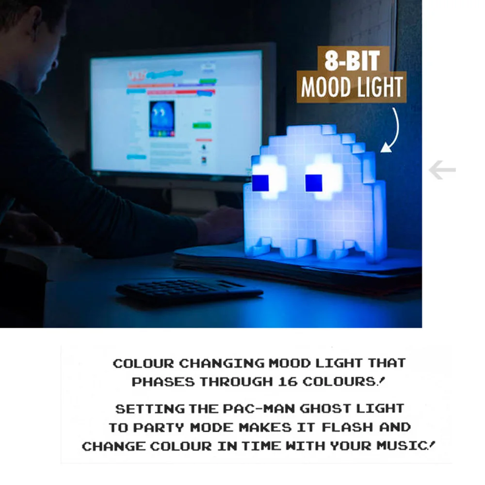 Pacman Fantasma de la Mesa de Luz de la Lámpara - 16 Opciones de Color - Cambia los Colores a la Música - Alimentado por USB Bule/Blanco 0