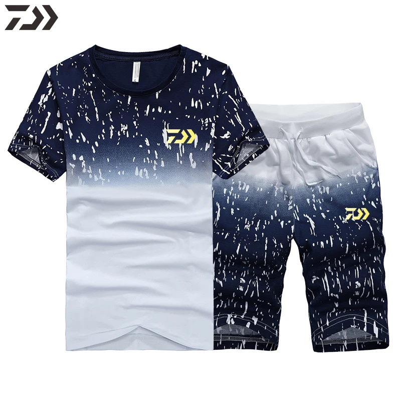 Daiwa Mens Traje de Pesca de Secado Rápido al aire libre de los Deportes de Desgaste de la Ropa de Manga Corta de Pesca Conjuntos de Camiseta y pantalones Cortos Ropa de Pesca 0