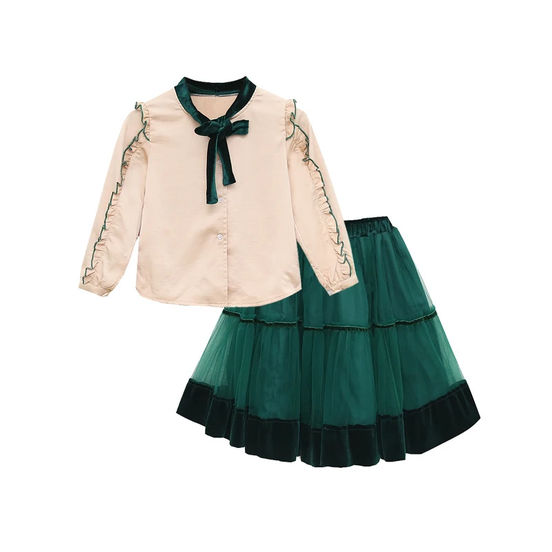 La princesa de terciopelo de la gasa de 2 piezas de conjunto de la edad de 4 a 14 años adolescentes de la primavera ropa de manga larga blusa+falda de niña grande uniformes escolares 0