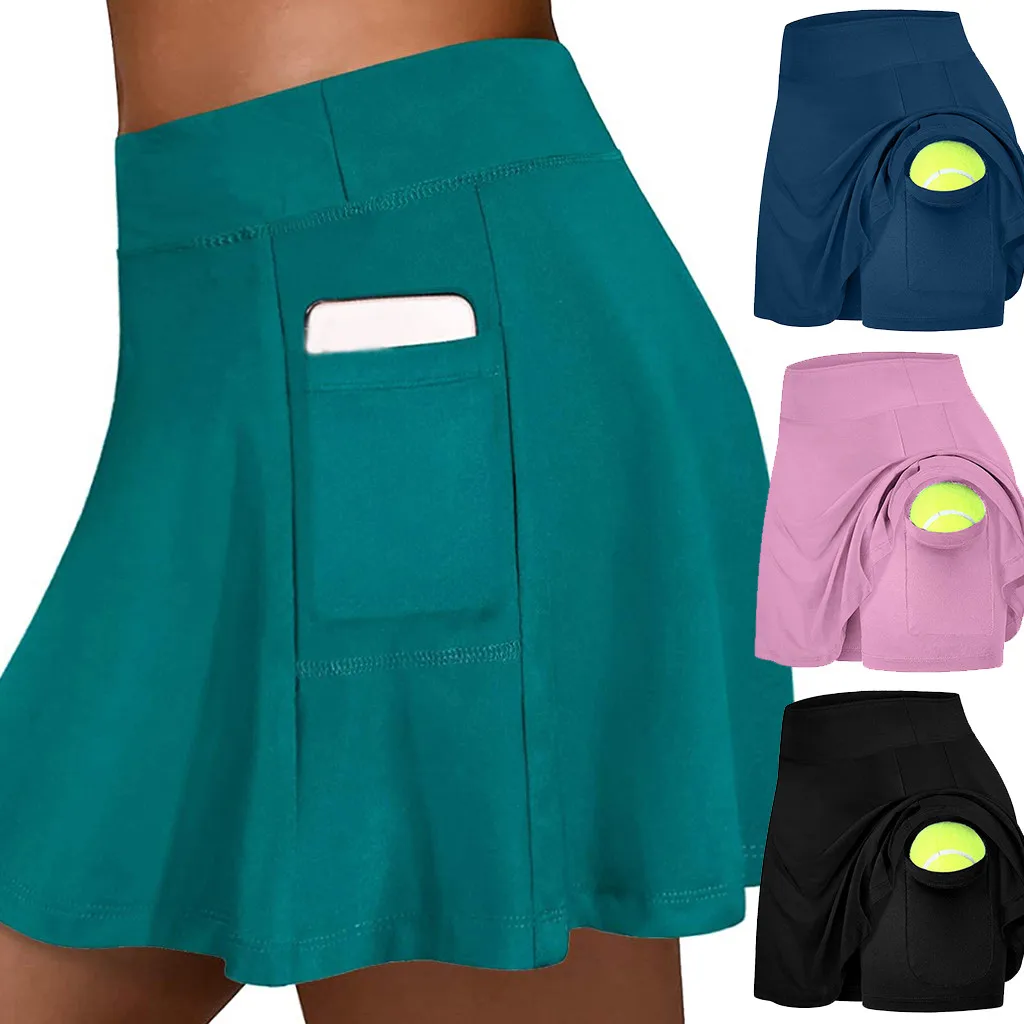 El Tenis femenino Faldas de las Señoras de la Aptitud de Ejecutar Yoga pantalones Cortos Interiores Faldas Mujer Elástico de los Deportes de Golf Bolsillos Hakama jupe femme 0