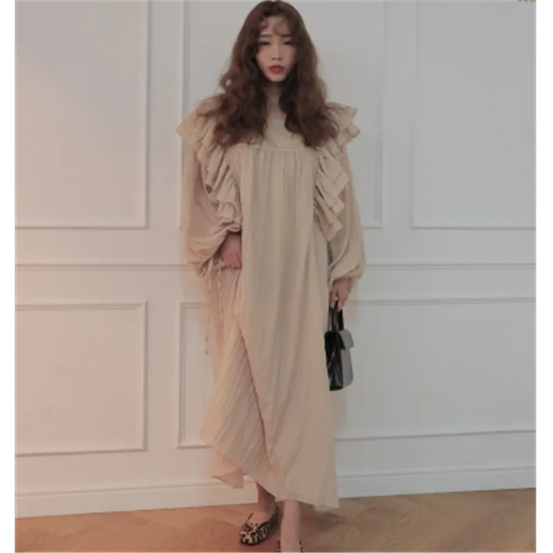 La mujer del Vestido de Otoño Estilo coreano Temperamento Vintage Fibrosa de Orillo Vestidos Largos Plaza de Cuello de manga Larga Slim Vestidos 0