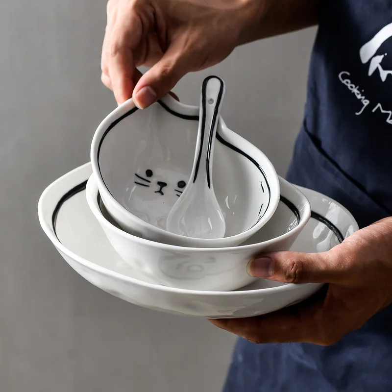 Vajillas de cerámica Simple Creativo de dibujos animados Lindo Gato y Fish Bowl de la Placa de la Casa del Estudiante de los Niños utensilios de Cocina 0