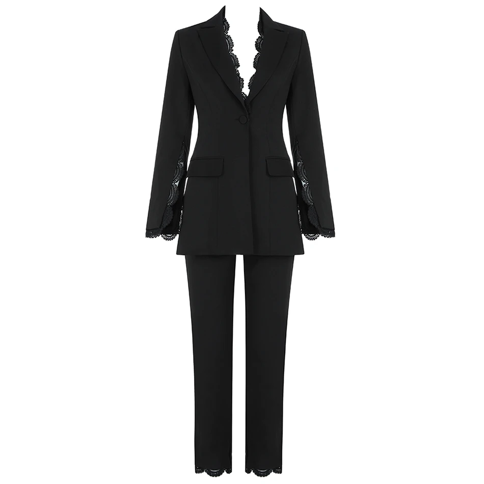 2020 de la moda de nueva OL traje blanco de las mujeres de dos piezas sexy de la solapa de encaje escisión abierta de manga larga de un solo botón bolsillo del abrigo y pantalones de traje 0