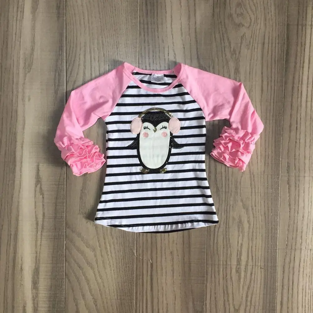 Niños niñas ropa de niñas callos raglans rosa con volante manga pingüino de impresión tee chicas de la boutique de ropa camiseta linda 0