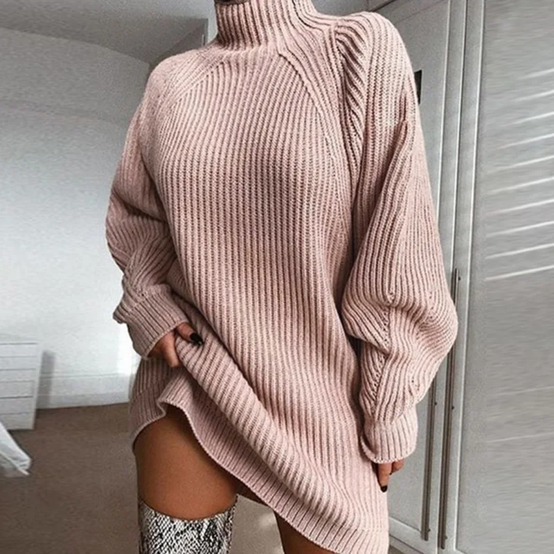 Las mujeres jersey de Cuello alto suéter vestido lleno de manga más el tamaño de la suelta de invierno 2019 nuevo sexy Sólido de Navidad vestidos de suéter 0