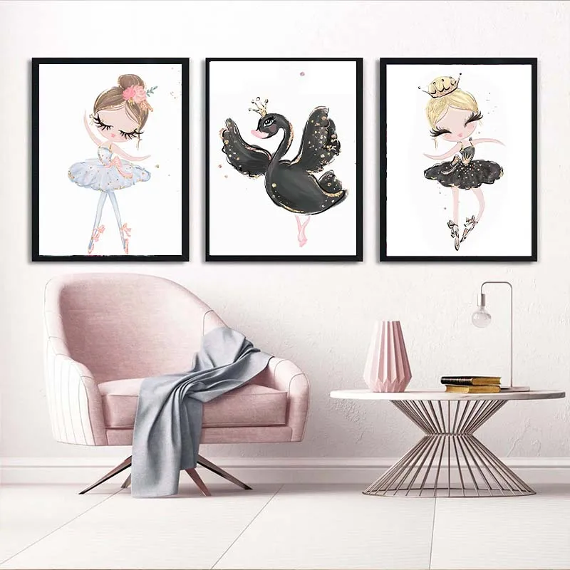 Nordic Swan Bailarina de Ballet Girl Caballo de dibujos animados de la Pared de la Lona de Pintura de carteles Y Arte de la Pared de Impresión de Fotos Para niños Dormitorio Decoración para el Hogar 0