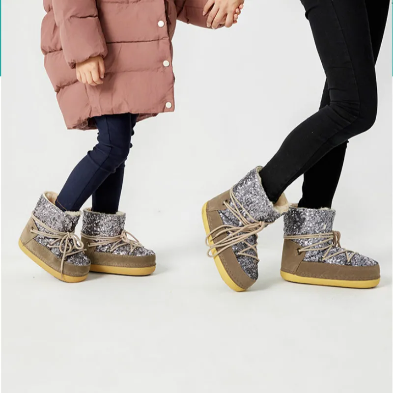 SWONCO Padre-Niño Botas de Nieve del Tobillo Hembra Caliente Zapatos de Invierno 2019 de la Felpa de Piel Vendaje Espacio de Tobillo Botas Mujer Zapatos de Plataforma 0