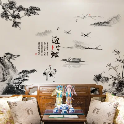 Estilo chino de la Pared de la etiqueta Engomada de la Pintura de Paisaje Croquis de Bienvenida de Pino de TV de Fondo las Imágenes de la Pared de la Sala de la Decoración de la Decoración de la Habitación 0