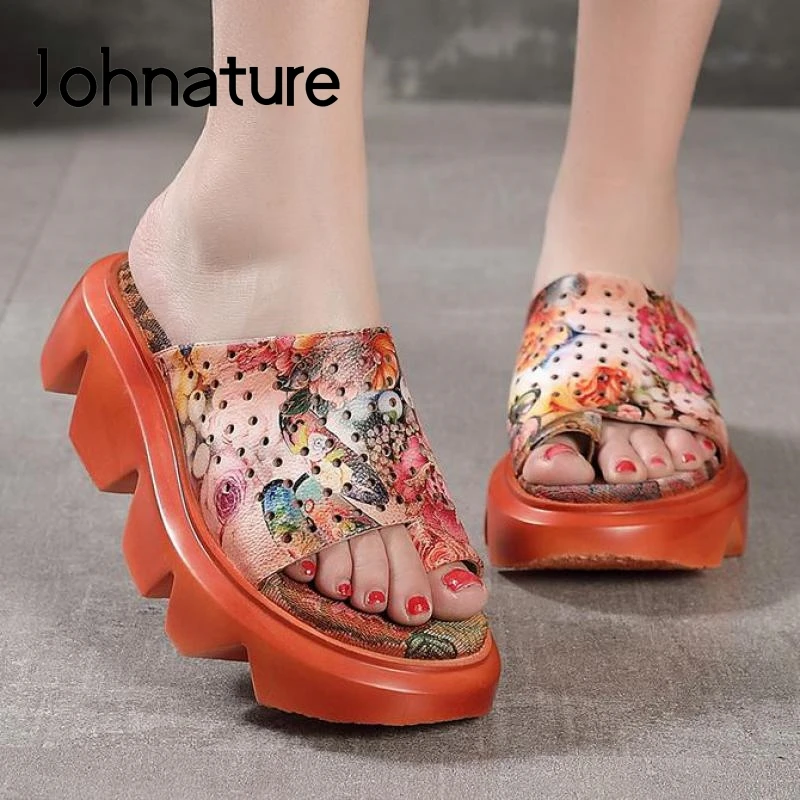 Johnature Plataforma Zapatillas De Cuero Genuino Zapatos De Las Mujeres Florales Diapositivas 2020 Nuevo Verano Fuera De Desgaste Cuñas Casual Zapatillas De Damas 0