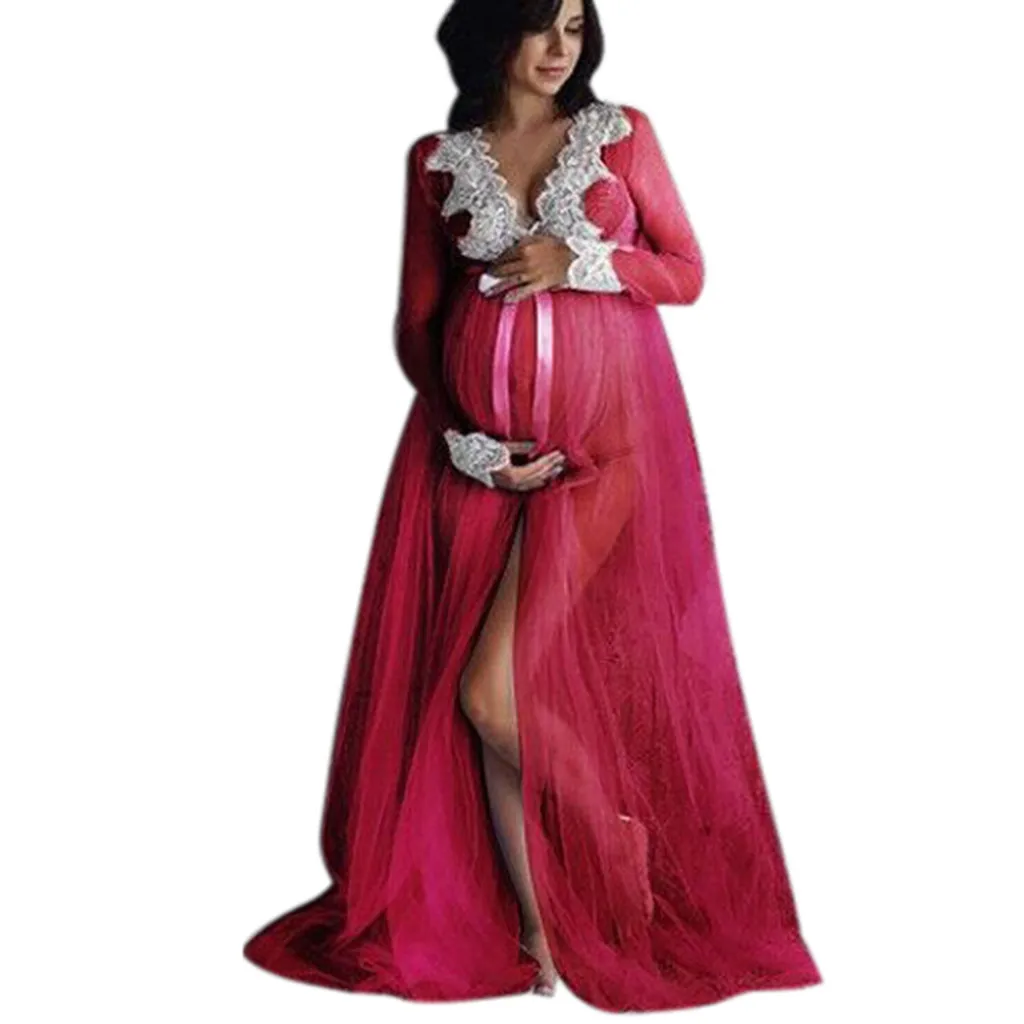 De moda de Malla de Encaje abertura Frontal de la Maternidad Fregar el Largo de la Falda Caliente Sexy de Encaje de Fiesta Vestido de Noche de la Foto-sólo Vestido de 2020#LR2 0