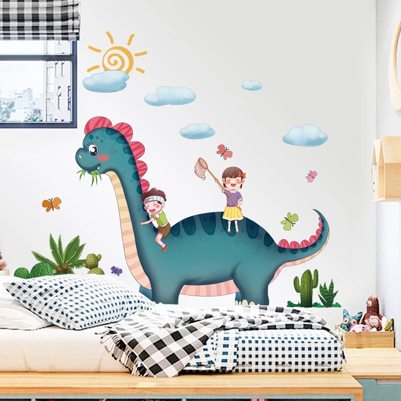 Dibujos animados de dinosaurios niños jugando etiqueta engomada de la pared creativos de los niños decoración de la habitación de dormitorio pegatinas infantiles auto-adhesivo de decoración para el hogar 0