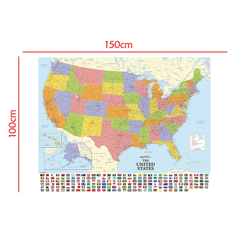 150x100cm No tejida Mapa de Los Estados unidos con Banderas Nacionales Detallado Mapa de América del Vintage de la Imagen de la Cultura de la Educación 0
