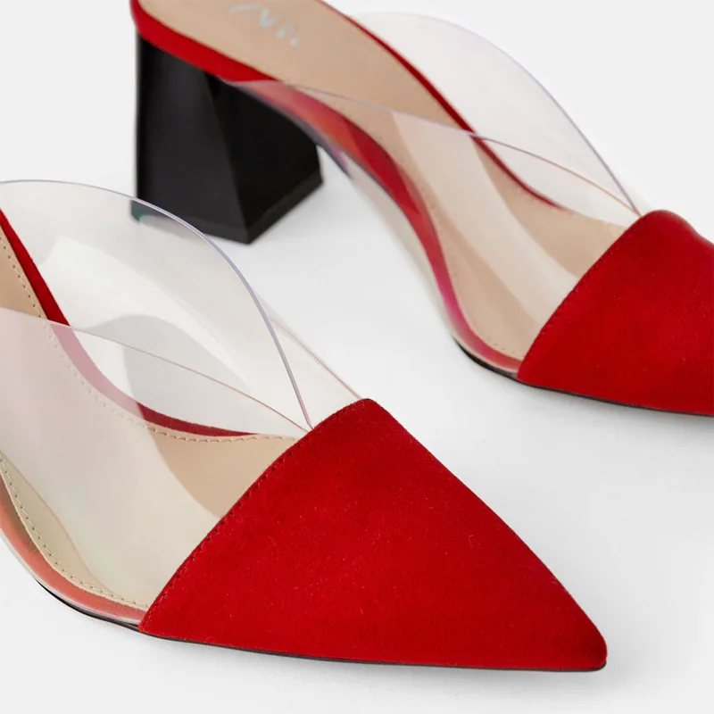 La FAMOSA MARCA el MISMO Diseño 2020 de Verano para Mujer de Mulas Rojo de plástico Transparente Rojo Punta Gruesa Tacón de zapatos de Señora 0