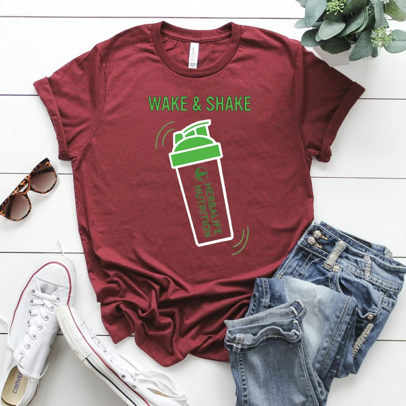 Wake & Shake de Nutrición de Herbalife Camisa Divertida de Herbalife T-shirt de las Mujeres Casual Tops Entrenamiento Camisetas, Además de Tamaño de Harajuku Camisa 0