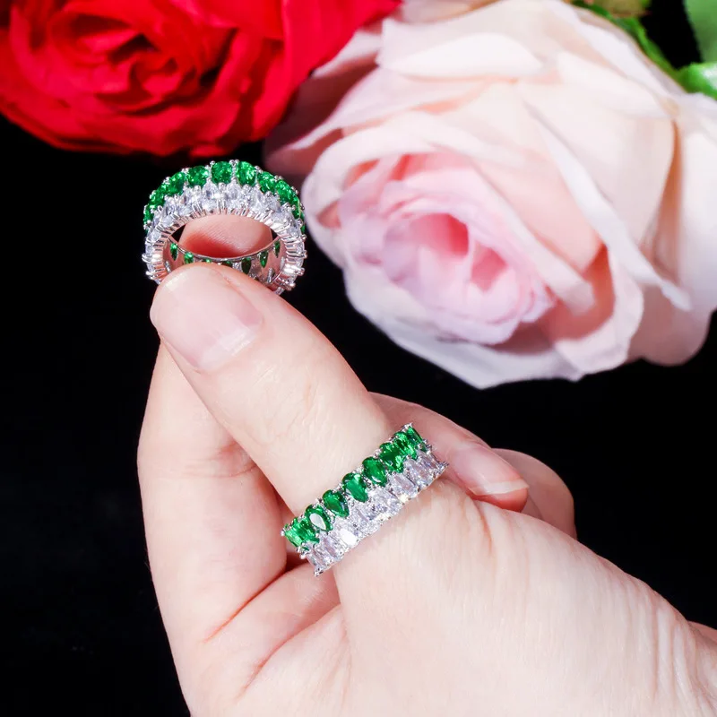 Bilincolor de la moda elegante de lujo verde cubic zirconia línea doble gota de agua de la boda anillo de compromiso para las mujeres cuarzos 0